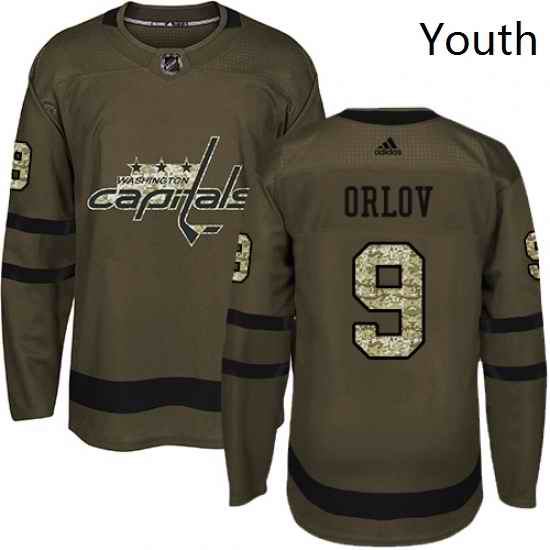 Youth Adidas Washington Capitals 9 Dmitry Orlov Authentic Green Salute to Service NHL Jersey